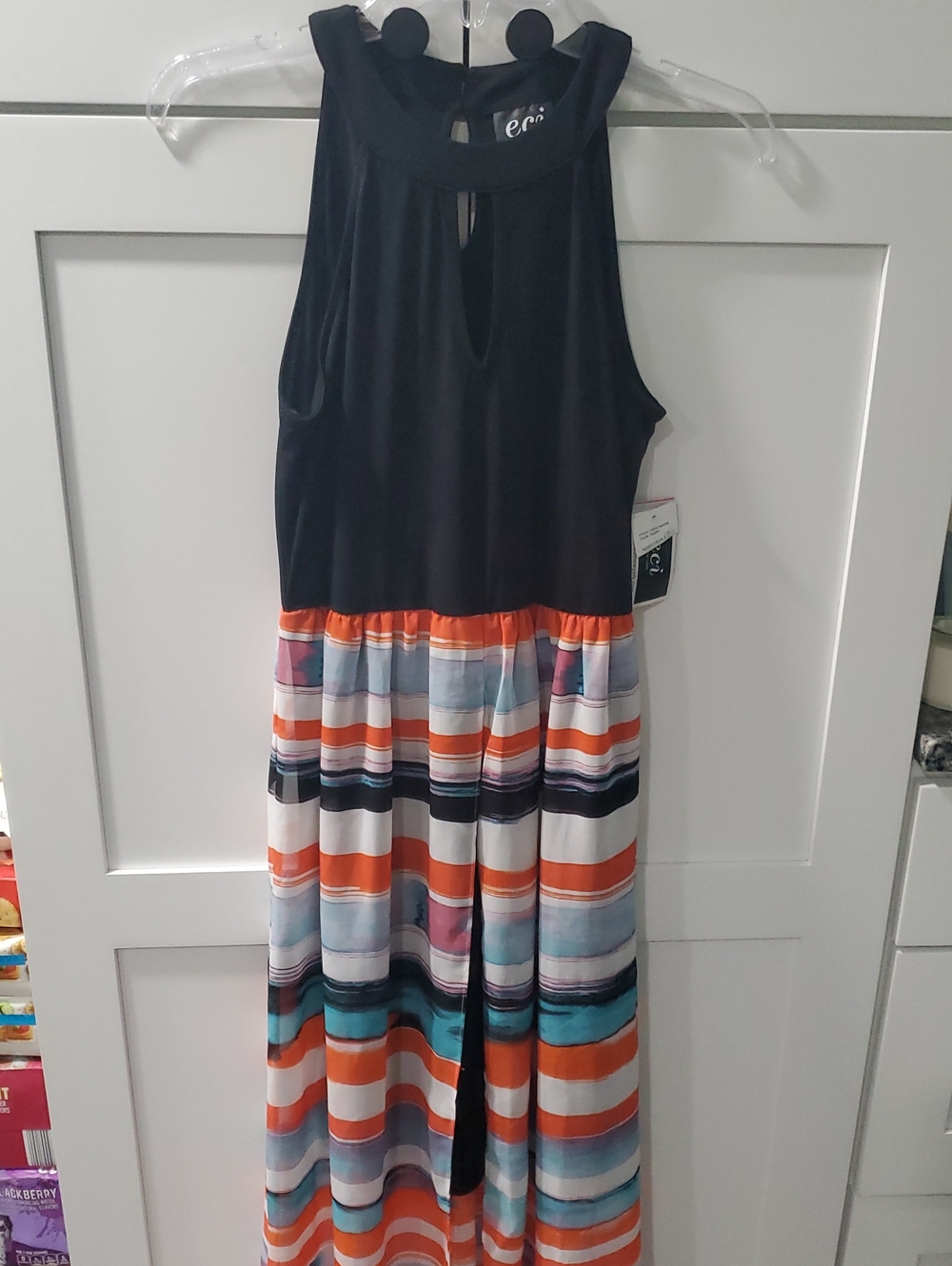 ECI Black Maxi Dress with Orange, Turquoise, Blue & White Stripes
